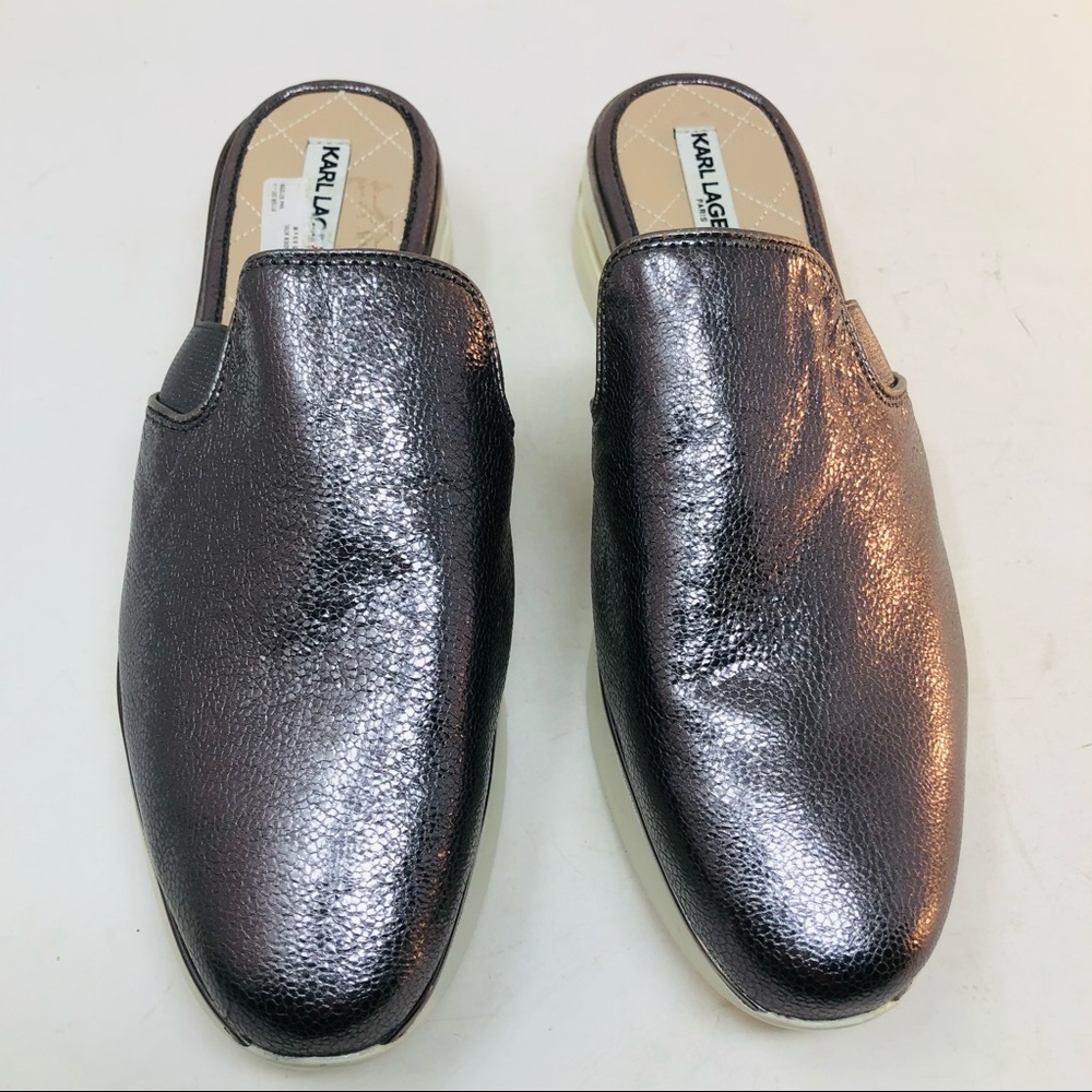 New Karl Lagerfeld Metallic Leather Slide Wedges - Picture 2 of 6
